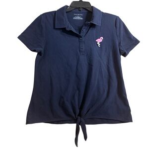 Talbots Women’s Navy Blue Polo with Pink Flamingo & Front Tie Accent- Medium